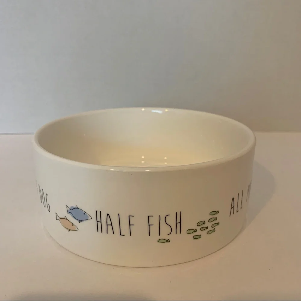 Dog Bowl 6” Round Dishwasher Microwave Safe Dish Cream Color Fish Dog Design